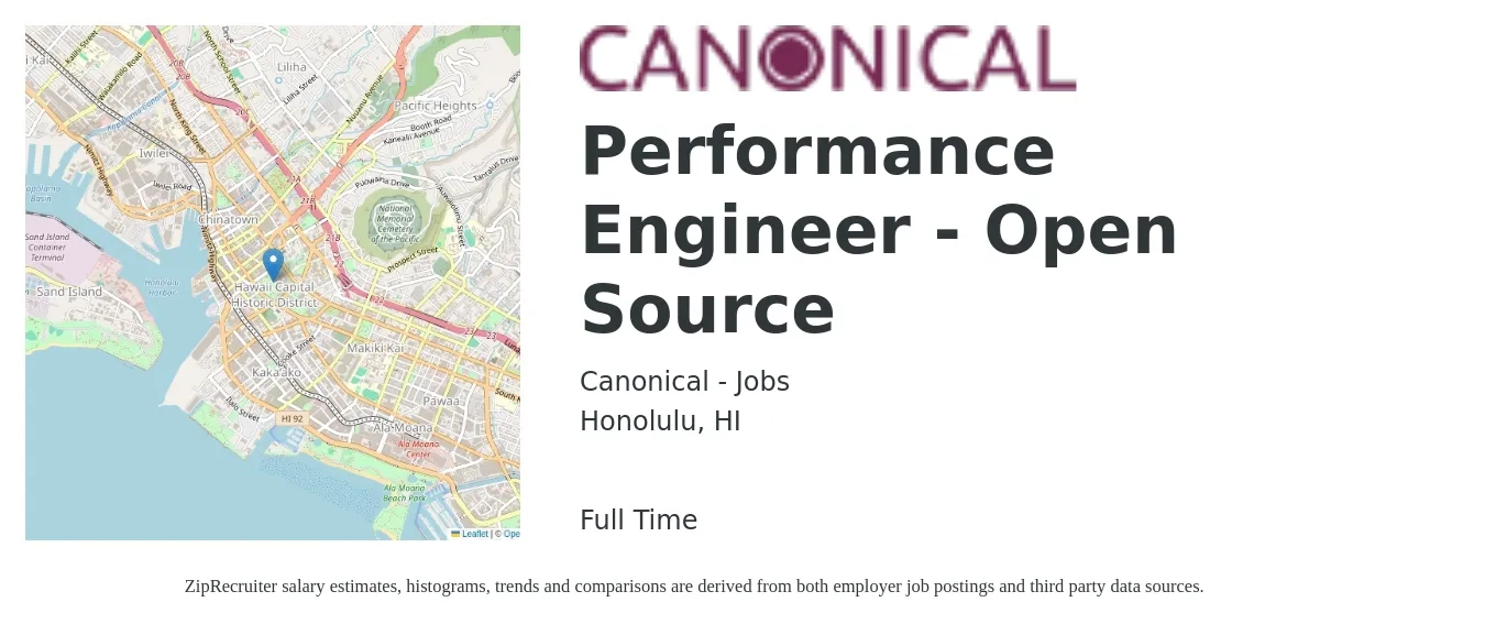 Canonical - Jobs job posting for a Performance Engineer - Open Source in Honolulu, HI with a salary of $50 to $70 Hourly with a map of Honolulu location.