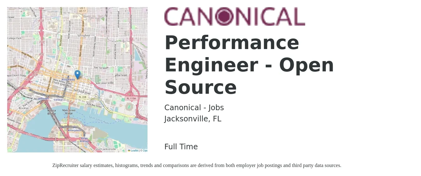 Canonical - Jobs job posting for a Performance Engineer - Open Source in Jacksonville, FL with a salary of $48 to $66 Hourly with a map of Jacksonville location.