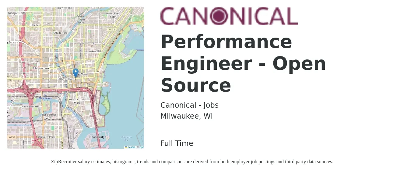 Canonical - Jobs job posting for a Performance Engineer - Open Source in Milwaukee, WI with a salary of $50 to $70 Hourly with a map of Milwaukee location.