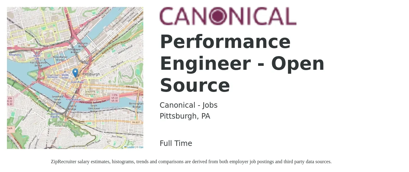 Canonical - Jobs job posting for a Performance Engineer - Open Source in Pittsburgh, PA with a salary of $50 to $69 Hourly with a map of Pittsburgh location.