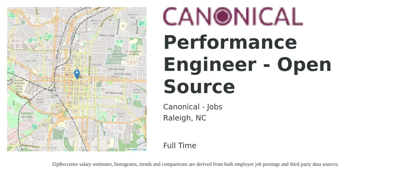 Canonical - Jobs job posting for a Performance Engineer - Open Source in Raleigh, NC with a salary of $50 to $69 Hourly with a map of Raleigh location.