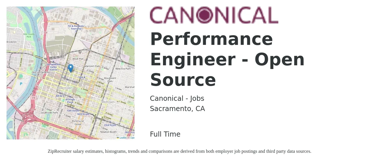 Canonical - Jobs job posting for a Performance Engineer - Open Source in Sacramento, CA with a salary of $55 to $76 Hourly with a map of Sacramento location.