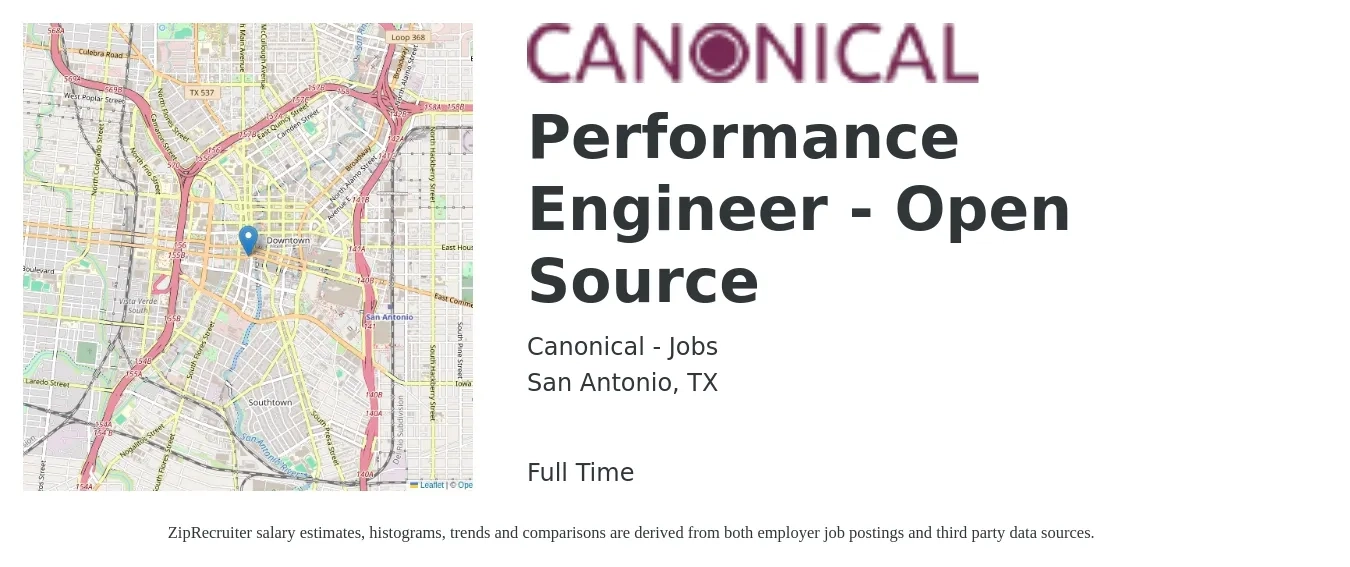 Canonical - Jobs job posting for a Performance Engineer - Open Source in San Antonio, TX with a salary of $46 to $64 Hourly with a map of San Antonio location.