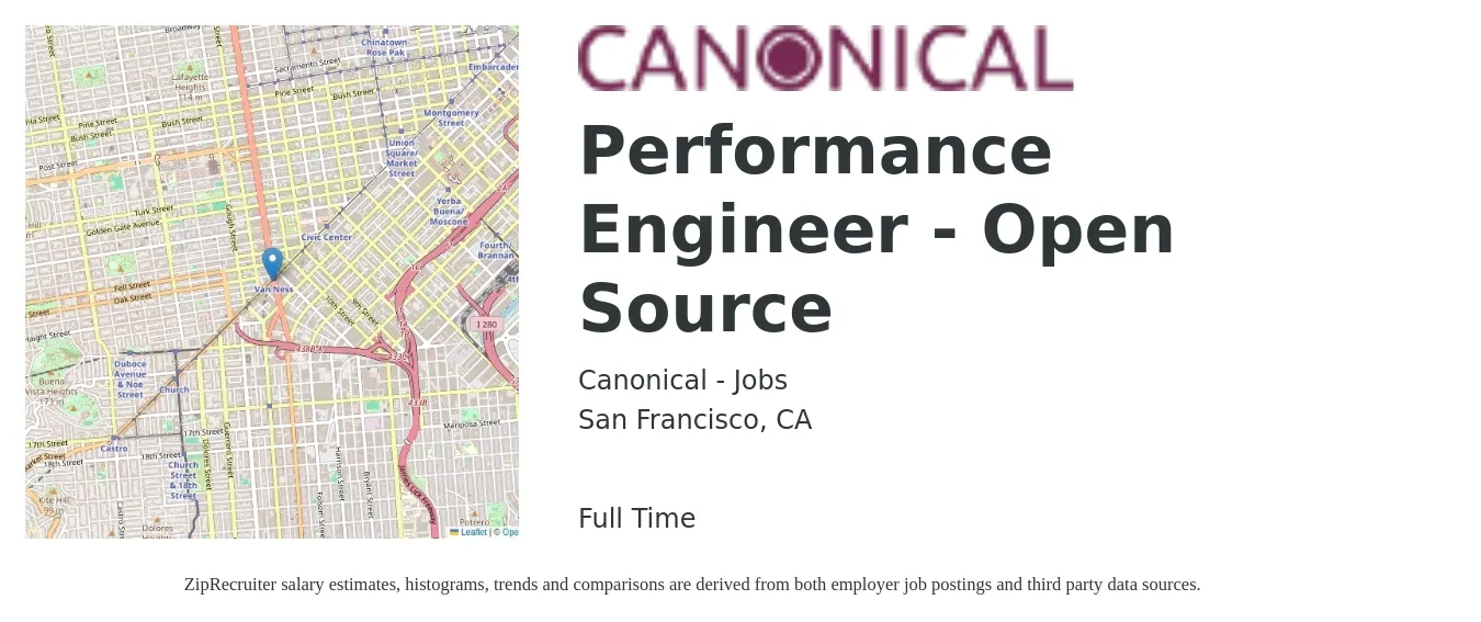 Canonical - Jobs job posting for a Performance Engineer - Open Source in San Francisco, CA with a salary of $60 to $83 Hourly with a map of San Francisco location.