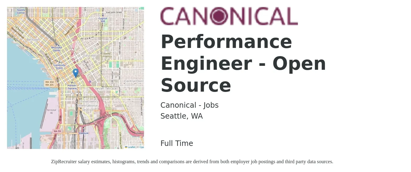 Canonical - Jobs job posting for a Performance Engineer - Open Source in Seattle, WA with a salary of $58 to $80 Hourly with a map of Seattle location.