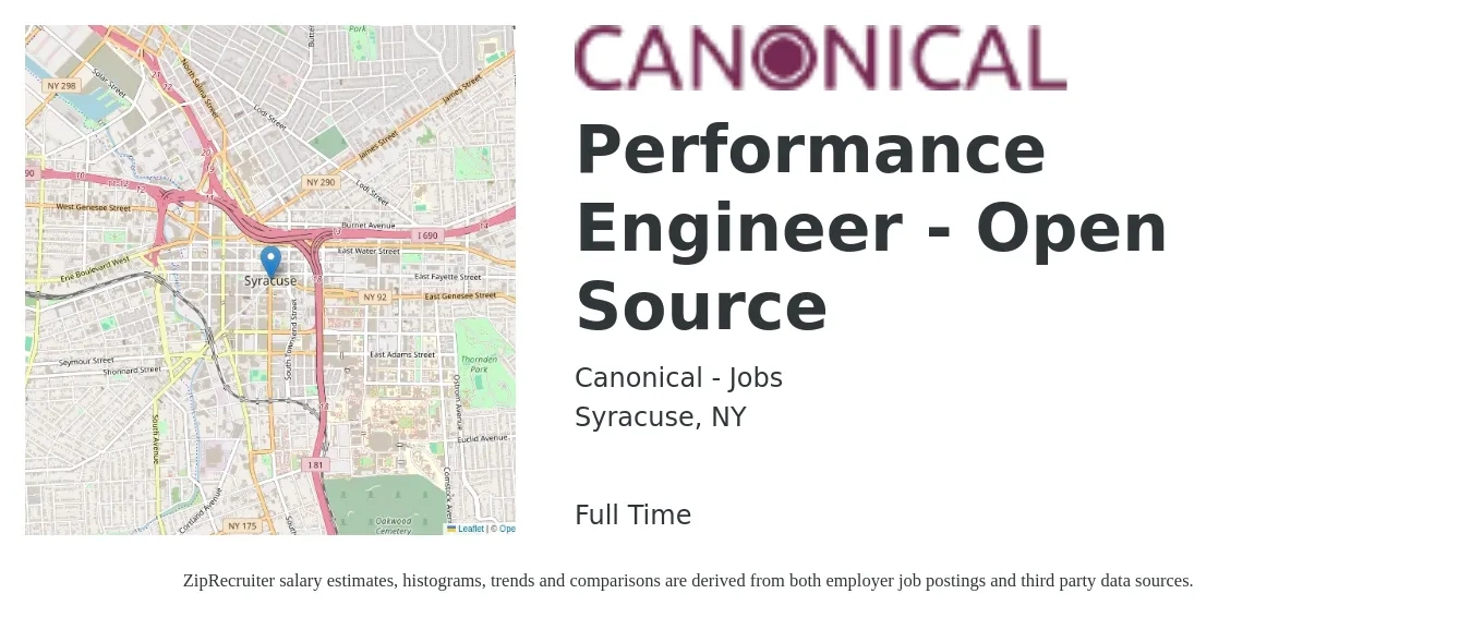 Canonical - Jobs job posting for a Performance Engineer - Open Source in Syracuse, NY with a salary of $51 to $70 Hourly with a map of Syracuse location.