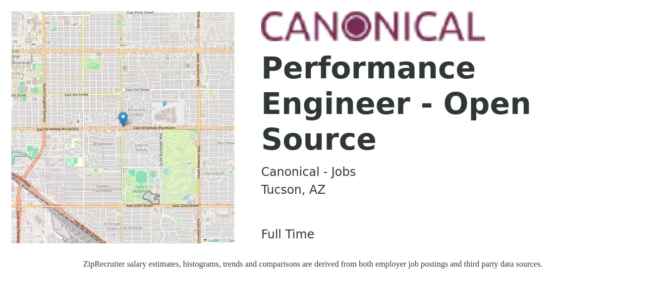 Canonical - Jobs job posting for a Performance Engineer - Open Source in Tucson, AZ with a salary of $48 to $67 Hourly with a map of Tucson location.