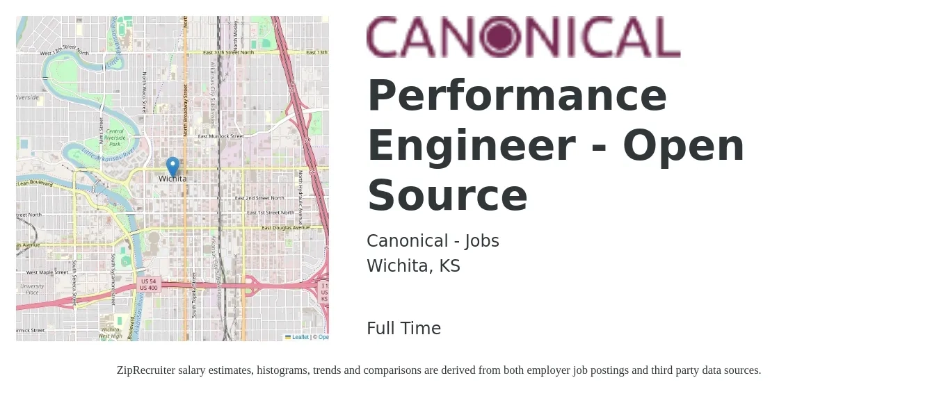 Canonical - Jobs job posting for a Performance Engineer - Open Source in Wichita, KS with a salary of $46 to $63 Hourly with a map of Wichita location.