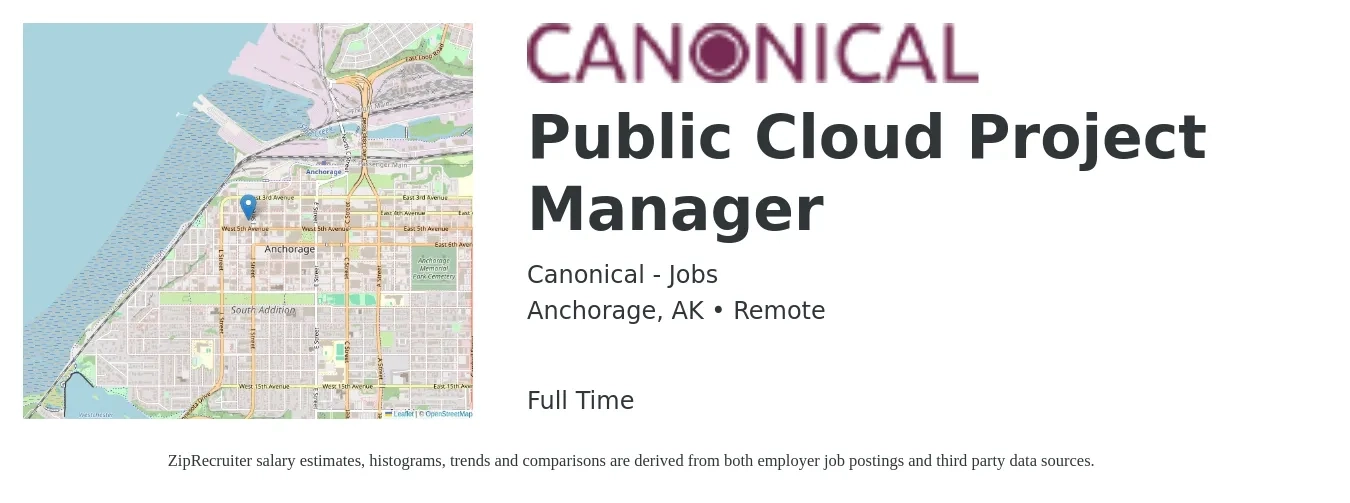 Canonical - Jobs job posting for a Public Cloud Project Manager in Anchorage, AK with a salary of $105,800 to $149,200 Yearly with a map of Anchorage location.