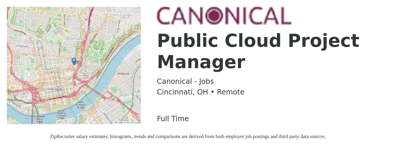 Canonical - Jobs job posting for a Public Cloud Project Manager in Cincinnati, OH with a salary of $99,300 to $140,100 Yearly with a map of Cincinnati location.