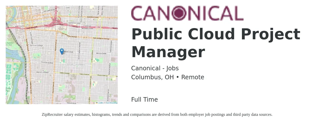 Canonical - Jobs job posting for a Public Cloud Project Manager in Columbus, OH with a salary of $100,000 to $141,000 Yearly with a map of Columbus location.