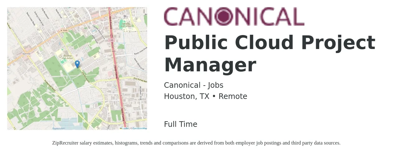 Canonical - Jobs job posting for a Public Cloud Project Manager in Houston, TX with a salary of $98,800 to $139,400 Yearly with a map of Houston location.