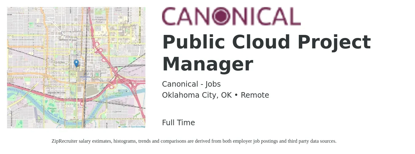 Canonical - Jobs job posting for a Public Cloud Project Manager in Oklahoma City, OK with a salary of $96,100 to $135,600 Yearly with a map of Oklahoma City location.
