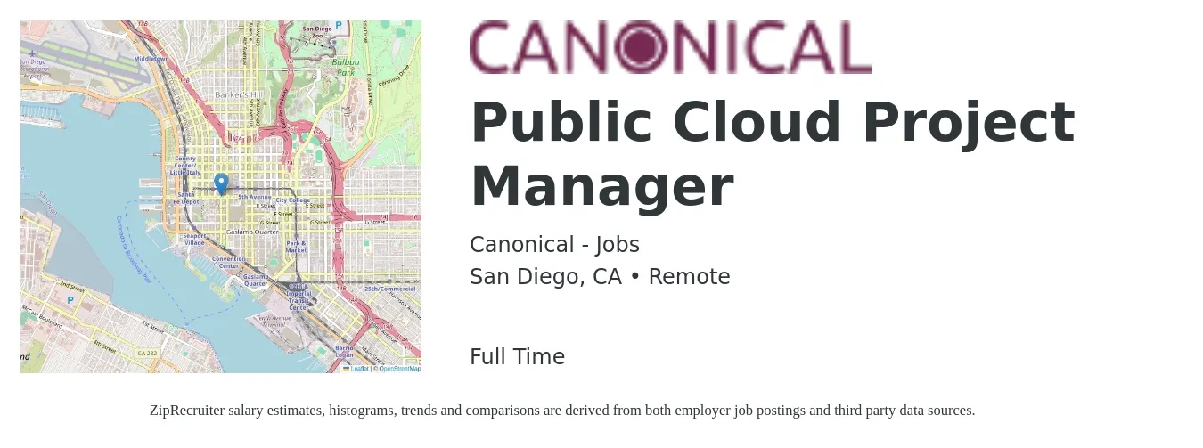 Canonical - Jobs job posting for a Public Cloud Project Manager in San Diego, CA with a salary of $109,900 to $155,000 Yearly with a map of San Diego location.