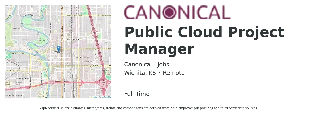 Canonical - Jobs job posting for a Public Cloud Project Manager in Wichita, KS with a salary of $92,600 to $130,600 Yearly with a map of Wichita location.