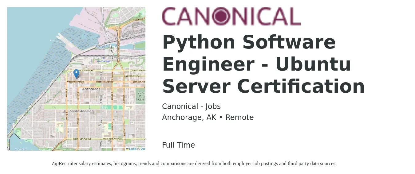 Canonical - Jobs job posting for a Python Software Engineer - Ubuntu Server Certification in Anchorage, AK with a salary of $112,900 to $168,100 Yearly with a map of Anchorage location.