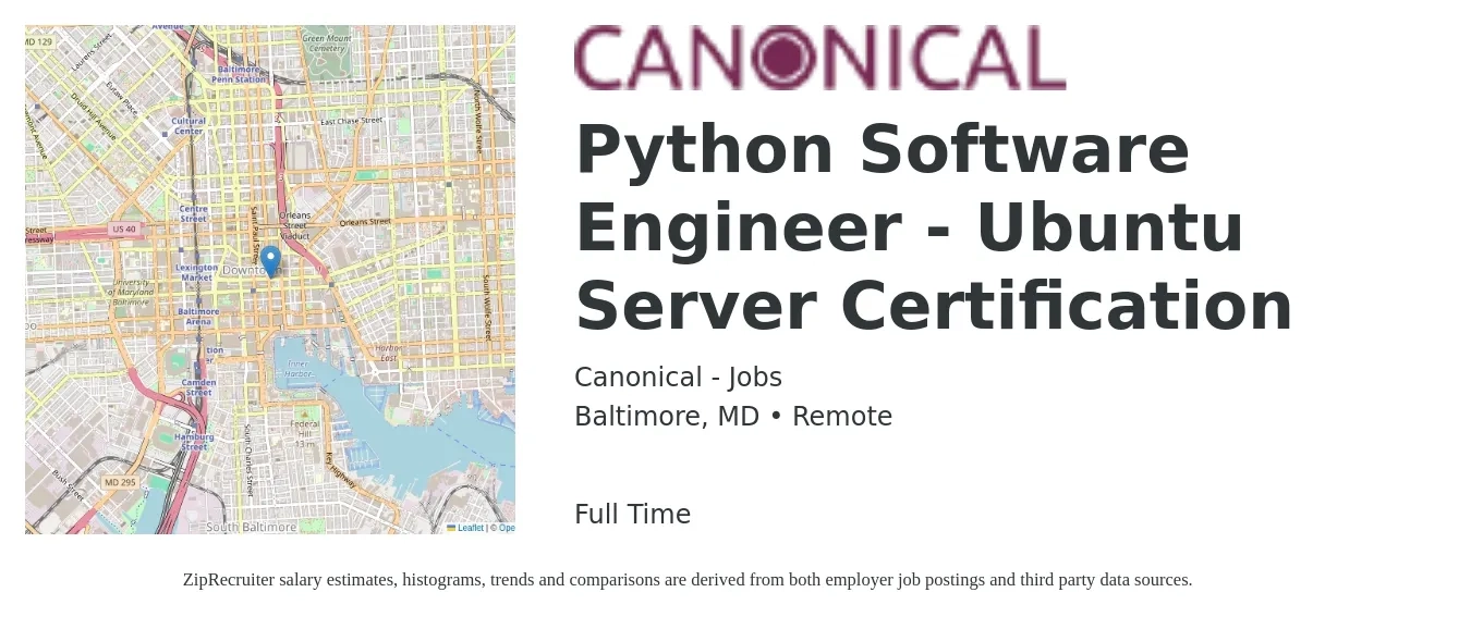 Canonical - Jobs job posting for a Python Software Engineer - Ubuntu Server Certification in Baltimore, MD with a salary of $109,800 to $163,500 Yearly with a map of Baltimore location.