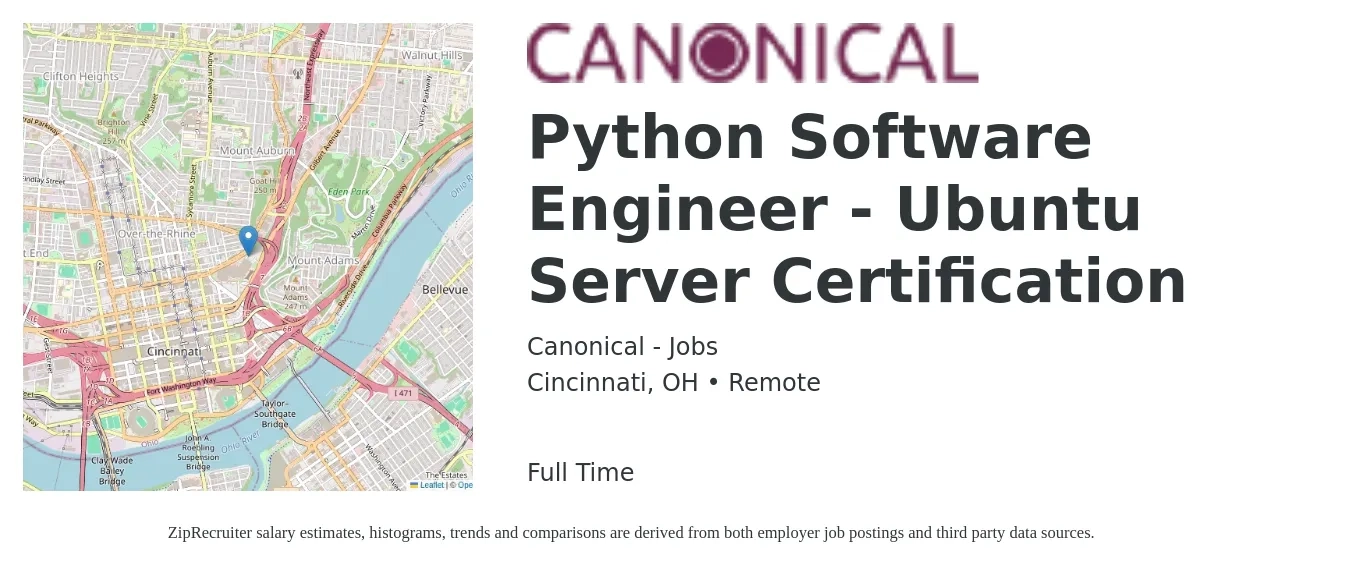 Canonical - Jobs job posting for a Python Software Engineer - Ubuntu Server Certification in Cincinnati, OH with a salary of $106,000 to $157,800 Yearly with a map of Cincinnati location.