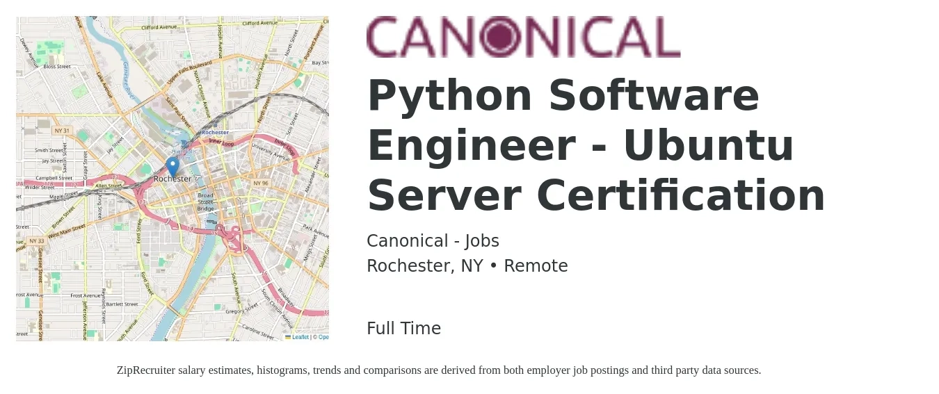 Canonical - Jobs job posting for a Python Software Engineer - Ubuntu Server Certification in Rochester, NY with a salary of $109,000 to $162,300 Yearly with a map of Rochester location.