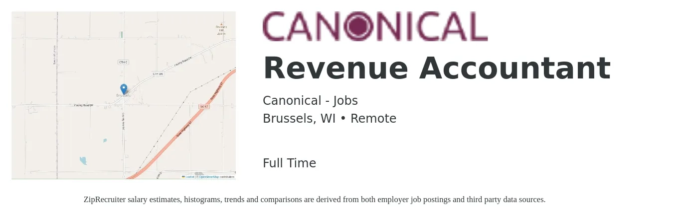 Canonical - Jobs job posting for a Revenue Accountant in Brussels, WI with a salary of $64,900 to $91,300 Yearly with a map of Brussels location.