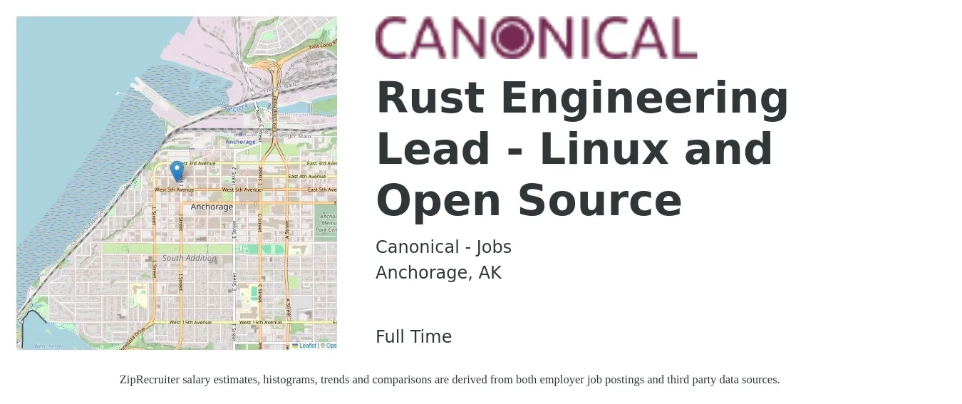 Canonical - Jobs job posting for a Rust Engineering Lead - Linux and Open Source in Anchorage, AK with a salary of $128,800 to $171,700 Yearly with a map of Anchorage location.