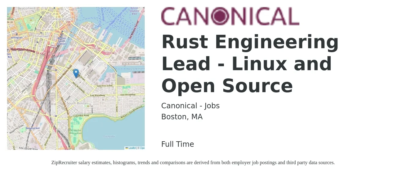 Canonical - Jobs job posting for a Rust Engineering Lead - Linux and Open Source in Boston, MA with a salary of $136,900 to $182,500 Yearly with a map of Boston location.