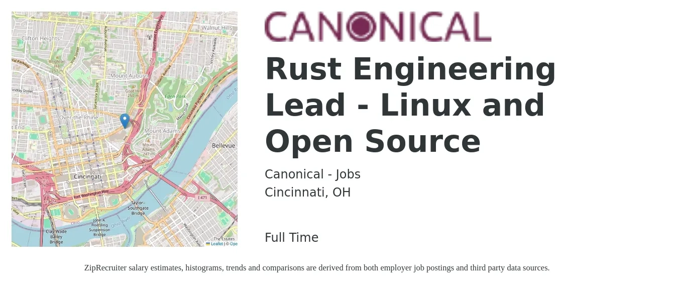 Canonical - Jobs job posting for a Rust Engineering Lead - Linux and Open Source in Cincinnati, OH with a salary of $120,900 to $161,200 Yearly with a map of Cincinnati location.