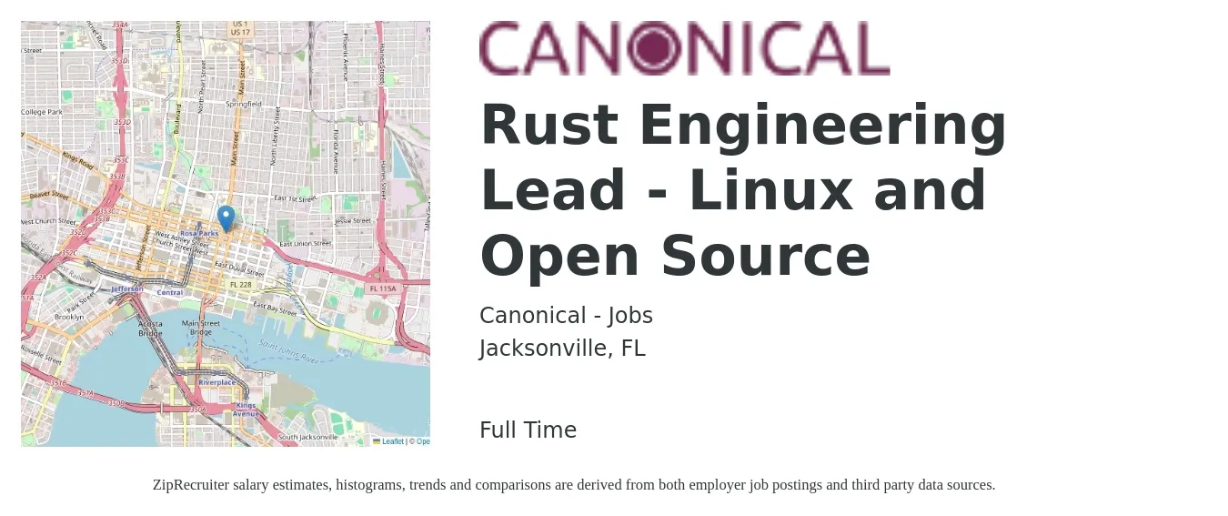 Canonical - Jobs job posting for a Rust Engineering Lead - Linux and Open Source in Jacksonville, FL with a salary of $116,700 to $155,700 Yearly with a map of Jacksonville location.