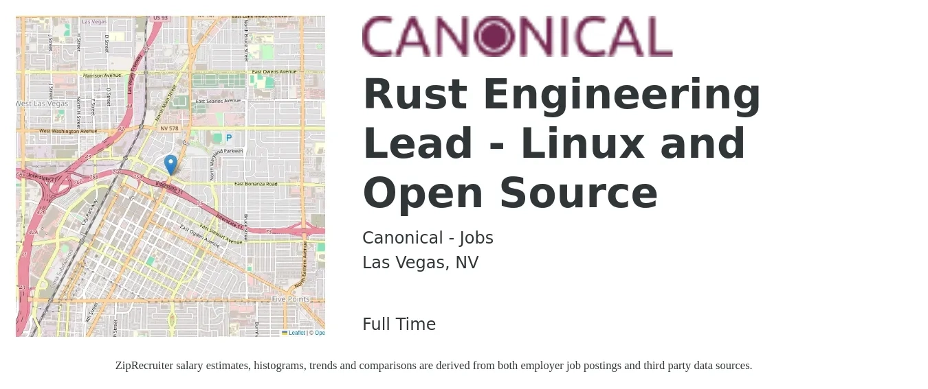 Canonical - Jobs job posting for a Rust Engineering Lead - Linux and Open Source in Las Vegas, NV with a salary of $120,300 to $160,500 Yearly with a map of Las Vegas location.