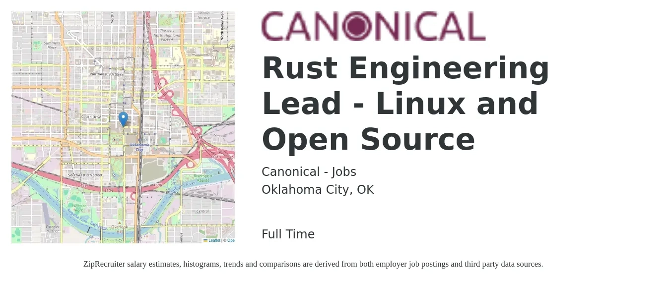 Canonical - Jobs job posting for a Rust Engineering Lead - Linux and Open Source in Oklahoma City, OK with a salary of $117,000 to $156,100 Yearly with a map of Oklahoma City location.