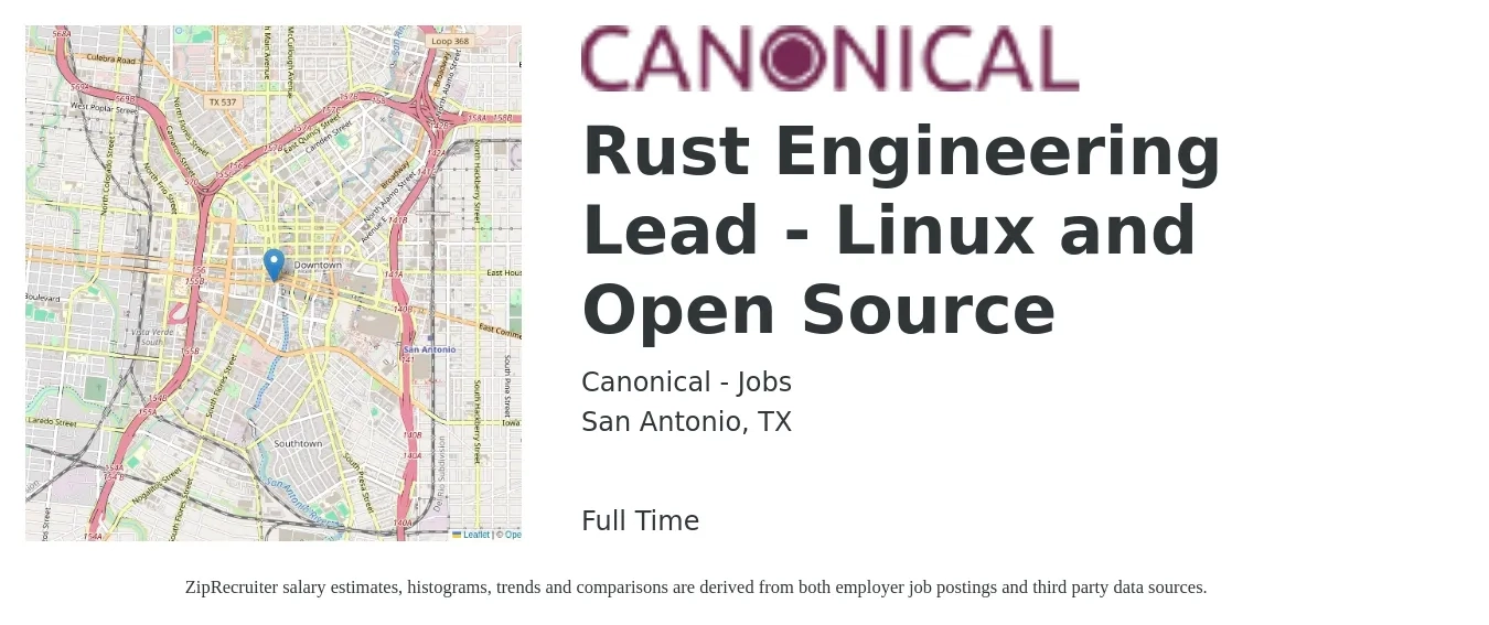 Canonical - Jobs job posting for a Rust Engineering Lead - Linux and Open Source in San Antonio, TX with a salary of $113,600 to $151,500 Yearly with a map of San Antonio location.