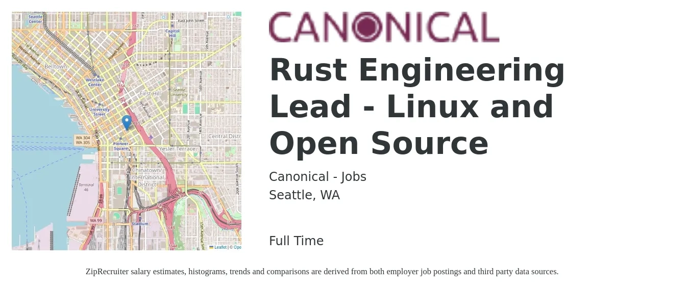 Canonical - Jobs job posting for a Rust Engineering Lead - Linux and Open Source in Seattle, WA with a salary of $143,400 to $191,200 Yearly with a map of Seattle location.