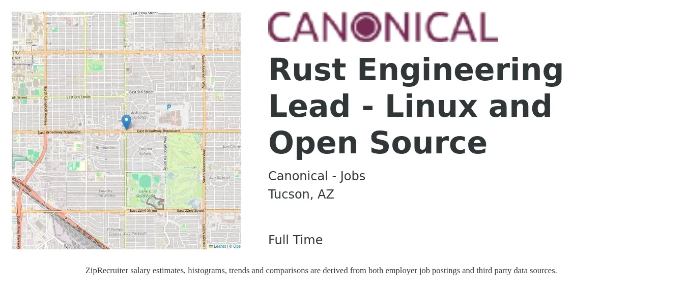 Canonical - Jobs job posting for a Rust Engineering Lead - Linux and Open Source in Tucson, AZ with a salary of $119,100 to $158,800 Yearly with a map of Tucson location.