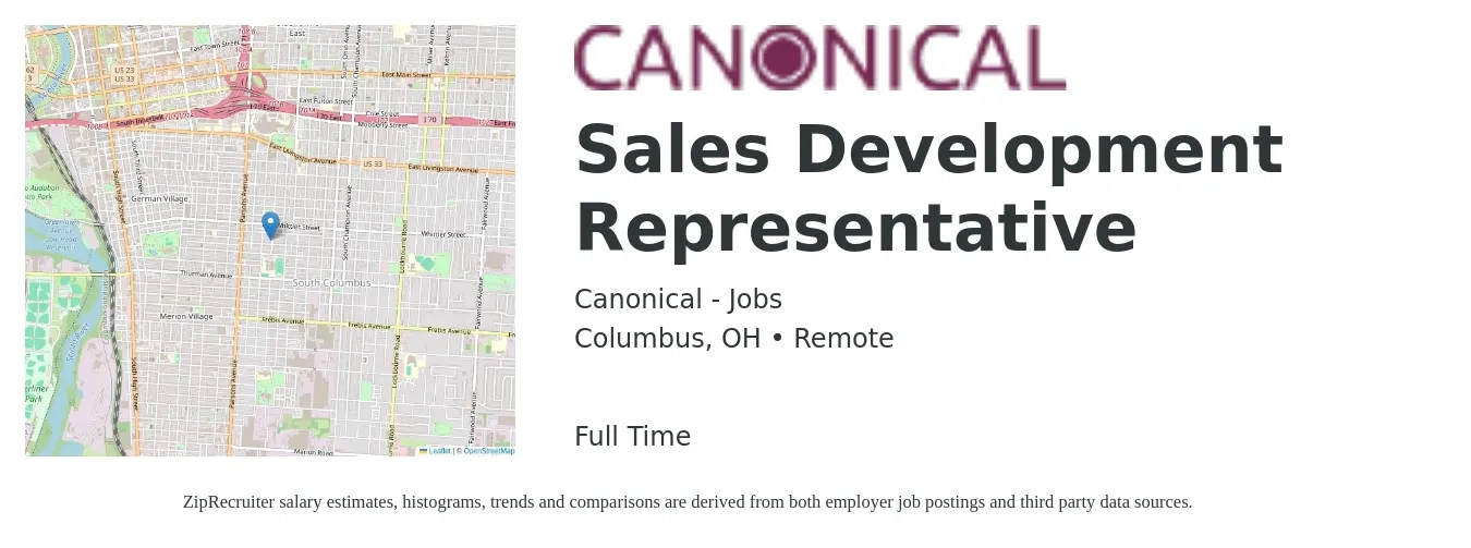 Canonical - Jobs job posting for a Sales Development Representative in Columbus, OH with a salary of $40,600 to $58,900 Yearly with a map of Columbus location.