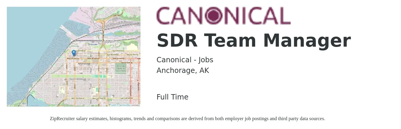 Canonical - Jobs job posting for a SDR Team Manager in Anchorage, AK with a salary of $59,800 to $94,500 Yearly with a map of Anchorage location.