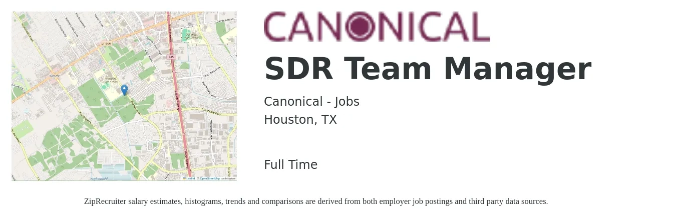 Canonical - Jobs job posting for a SDR Team Manager in Houston, TX with a salary of $55,900 to $88,300 Yearly with a map of Houston location.