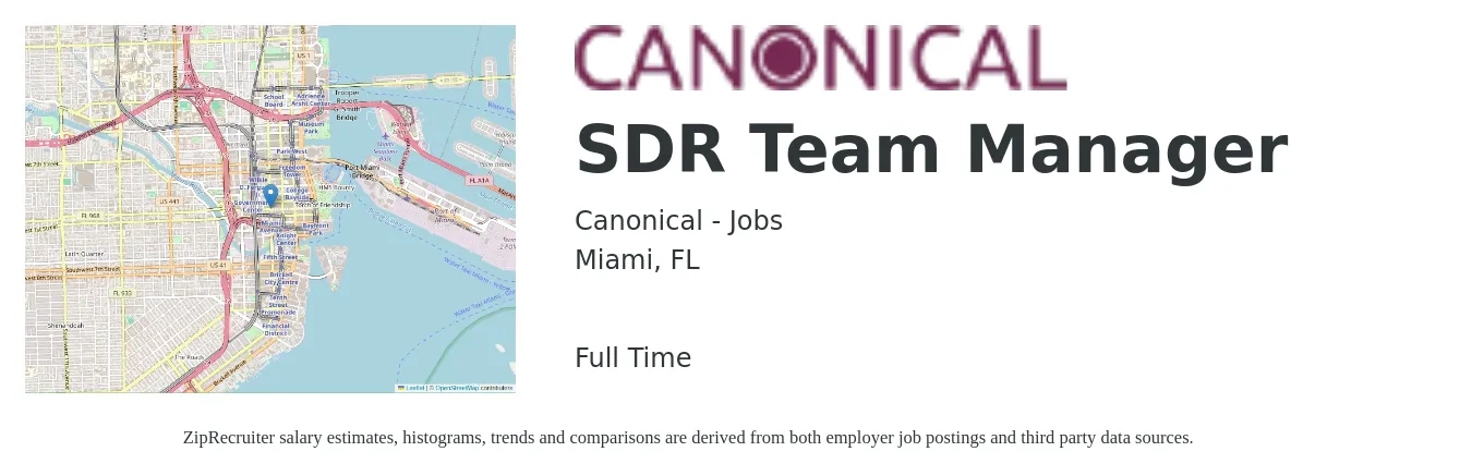 Canonical - Jobs job posting for a SDR Team Manager in Miami, FL with a salary of $56,000 to $88,500 Yearly with a map of Miami location.