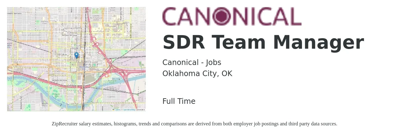 Canonical - Jobs job posting for a SDR Team Manager in Oklahoma City, OK with a salary of $54,300 to $85,900 Yearly with a map of Oklahoma City location.