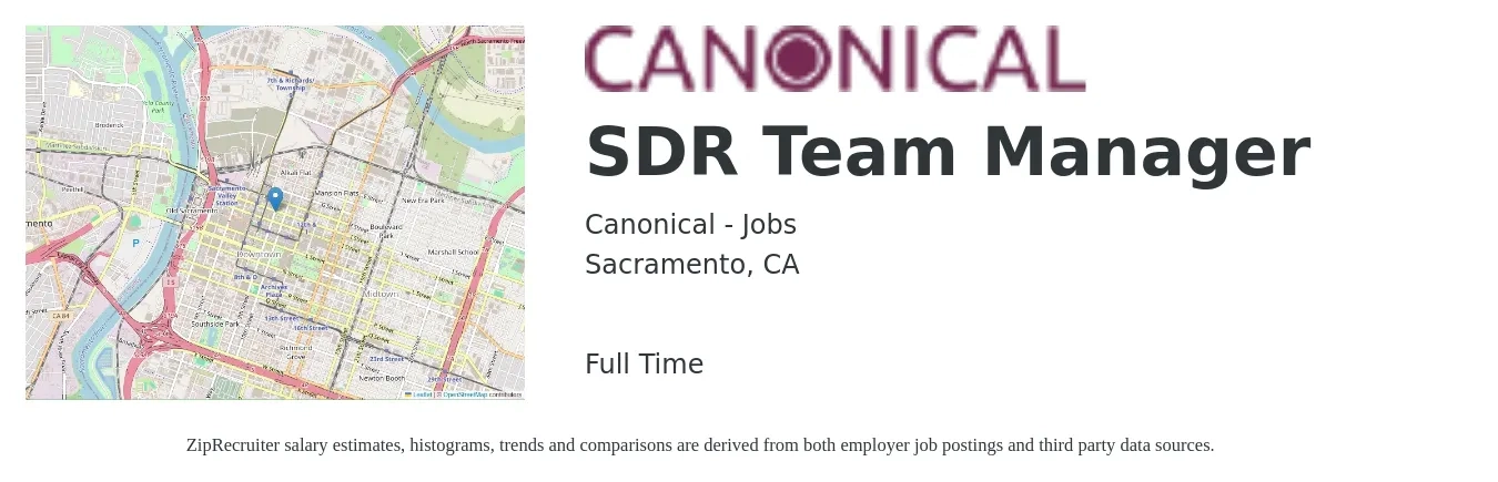 Canonical - Jobs job posting for a SDR Team Manager in Sacramento, CA with a salary of $62,400 to $98,600 Yearly with a map of Sacramento location.