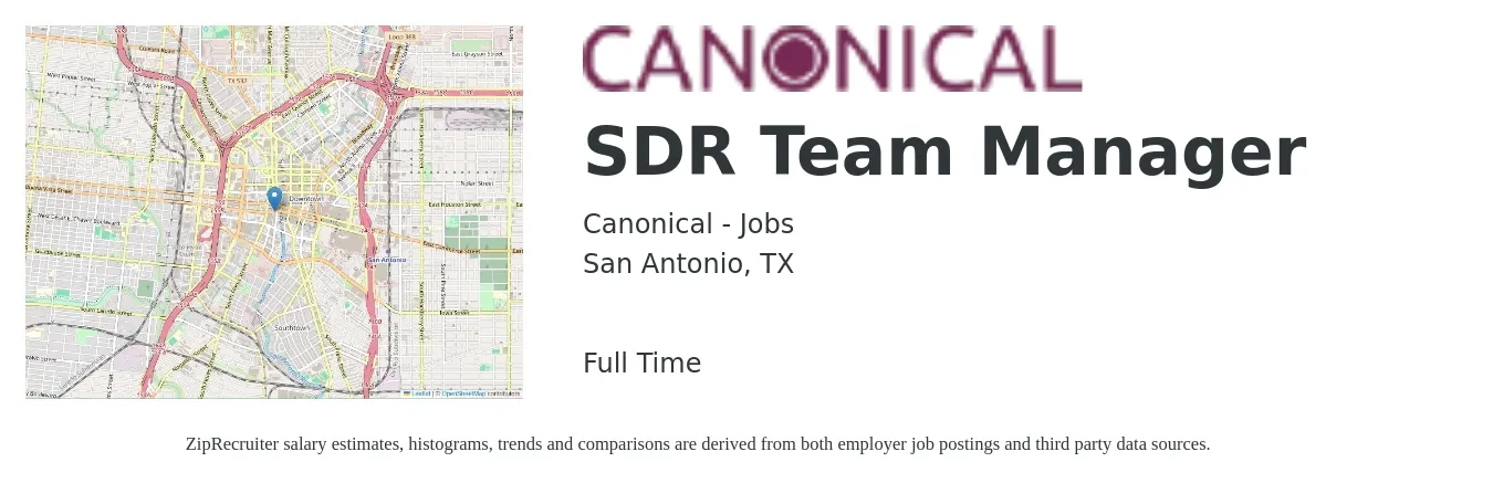 Canonical - Jobs job posting for a SDR Team Manager in San Antonio, TX with a salary of $52,800 to $83,400 Yearly with a map of San Antonio location.