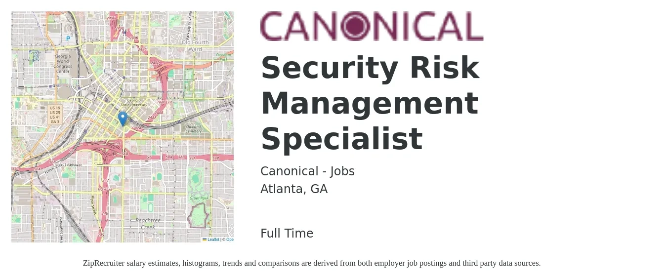 Canonical - Jobs job posting for a Security Risk Management Specialist in Atlanta, GA with a salary of $41 to $60 Hourly with a map of Atlanta location.