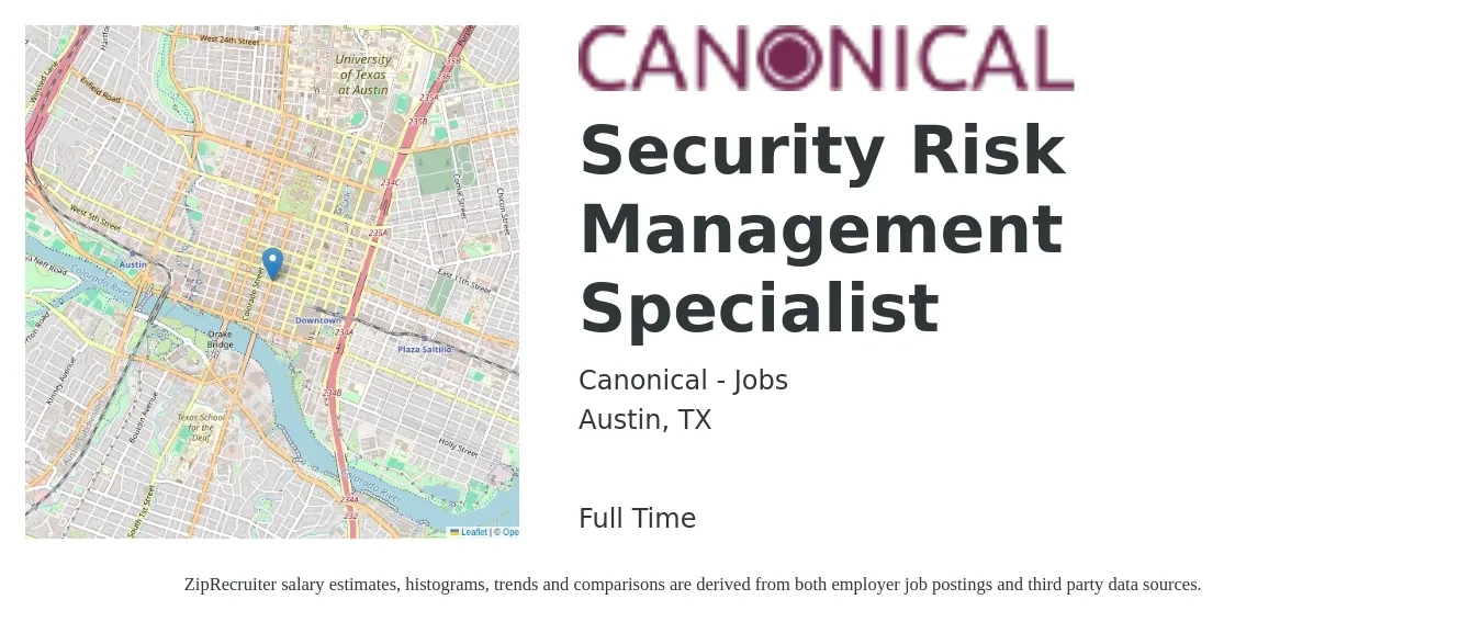 Canonical - Jobs job posting for a Security Risk Management Specialist in Austin, TX with a salary of $42 to $62 Hourly with a map of Austin location.