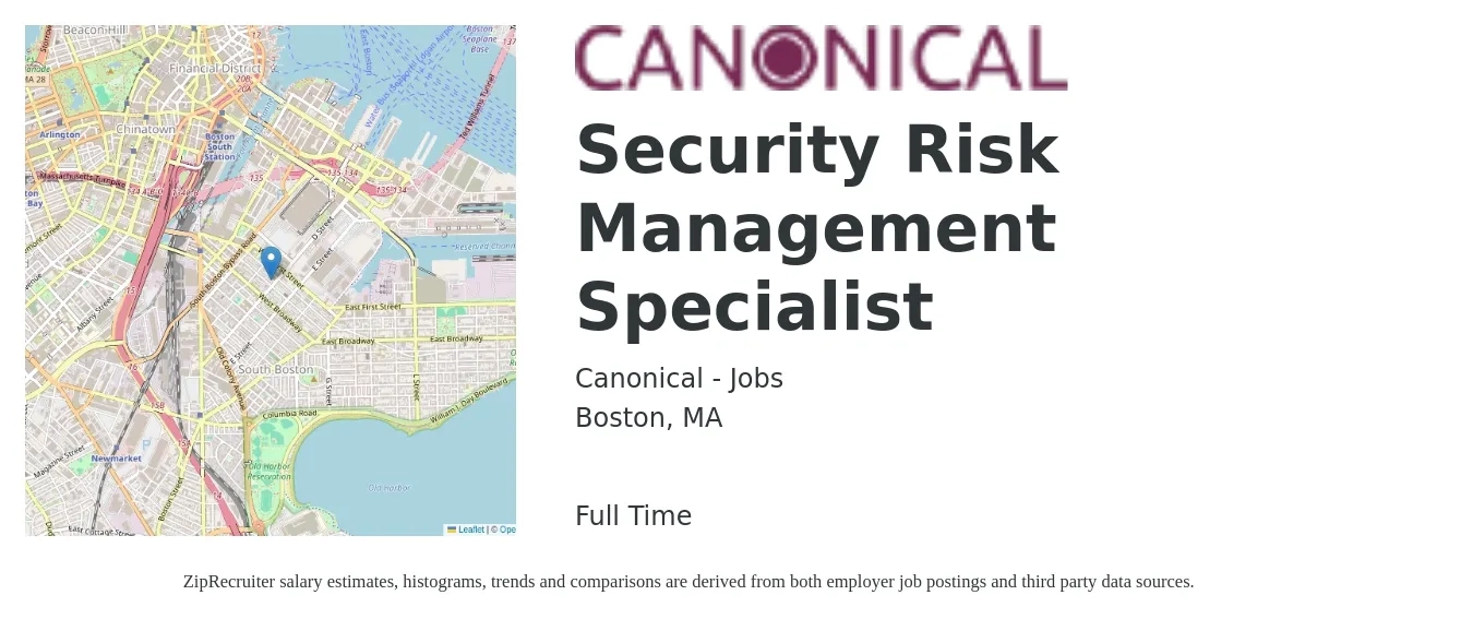 Canonical - Jobs job posting for a Security Risk Management Specialist in Boston, MA with a salary of $46 to $68 Hourly with a map of Boston location.