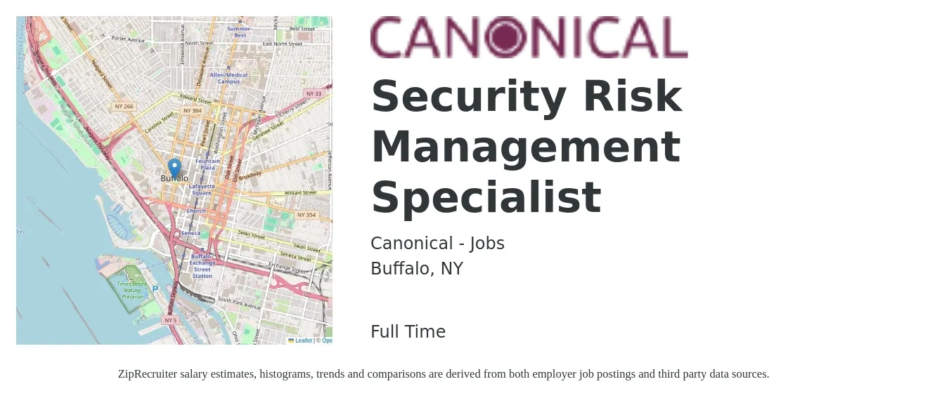 Canonical - Jobs job posting for a Security Risk Management Specialist in Buffalo, NY with a salary of $41 to $60 Hourly with a map of Buffalo location.