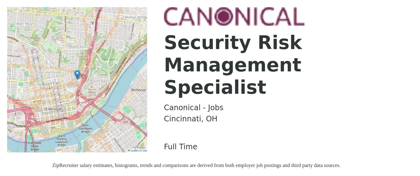Canonical - Jobs job posting for a Security Risk Management Specialist in Cincinnati, OH with a salary of $41 to $60 Hourly with a map of Cincinnati location.