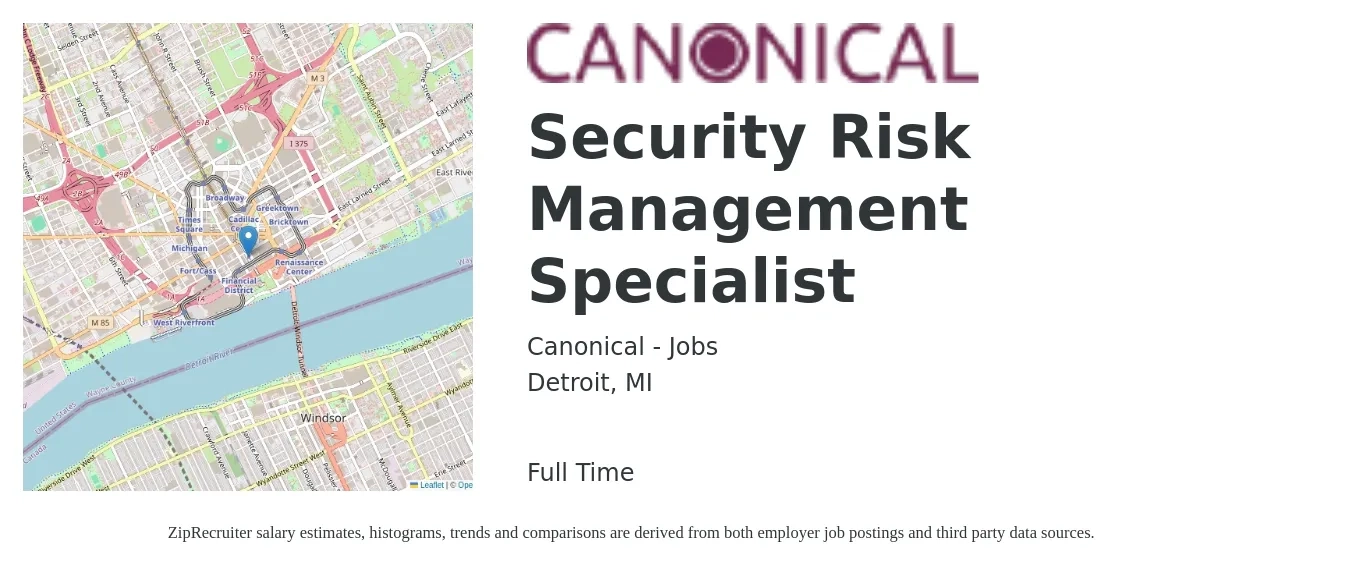Canonical - Jobs job posting for a Security Risk Management Specialist in Detroit, MI with a salary of $42 to $62 Hourly with a map of Detroit location.