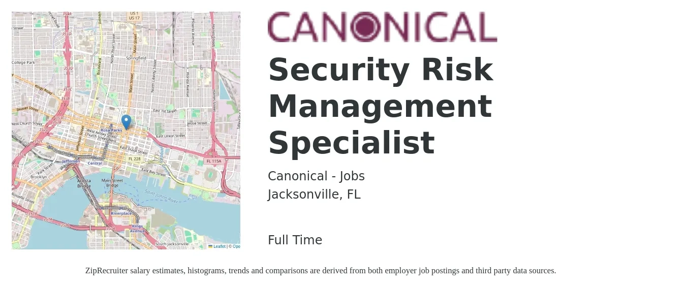 Canonical - Jobs job posting for a Security Risk Management Specialist in Jacksonville, FL with a salary of $40 to $58 Hourly with a map of Jacksonville location.