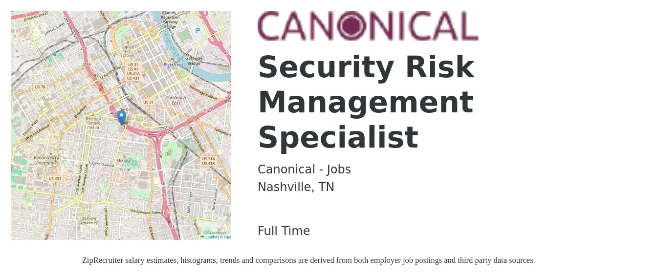 Canonical - Jobs job posting for a Security Risk Management Specialist in Nashville, TN with a salary of $41 to $60 Hourly with a map of Nashville location.