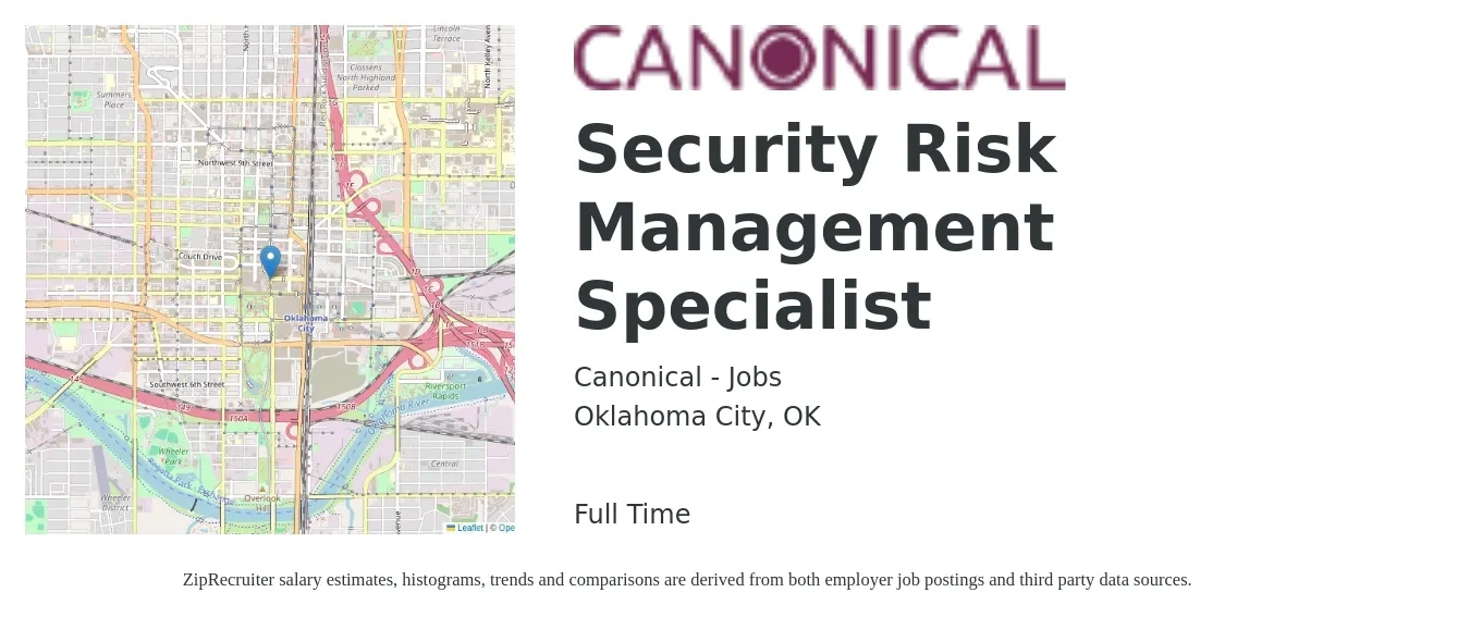 Canonical - Jobs job posting for a Security Risk Management Specialist in Oklahoma City, OK with a salary of $40 to $58 Hourly with a map of Oklahoma City location.