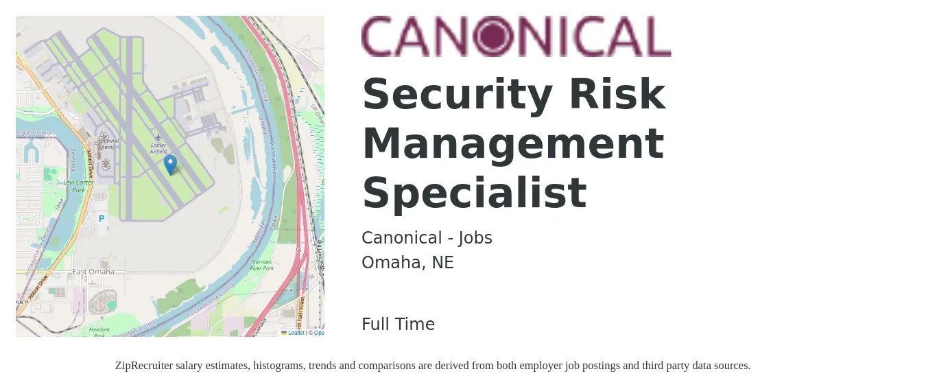 Canonical - Jobs job posting for a Security Risk Management Specialist in Omaha, NE with a salary of $41 to $60 Hourly with a map of Omaha location.